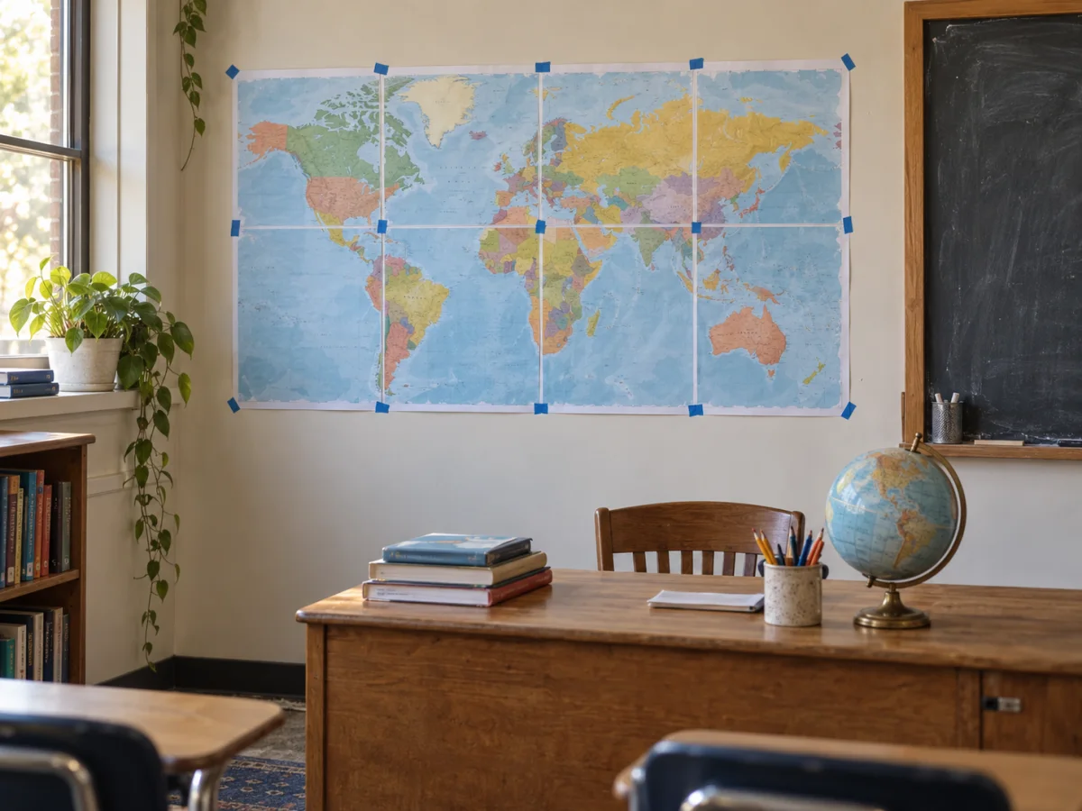 A classroom map printed as a large tiled poster