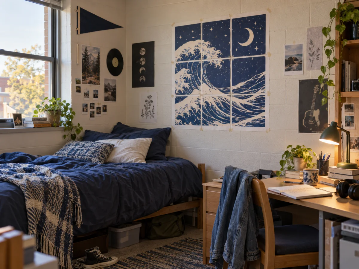 Posters and a college flag displayed in a dorm room