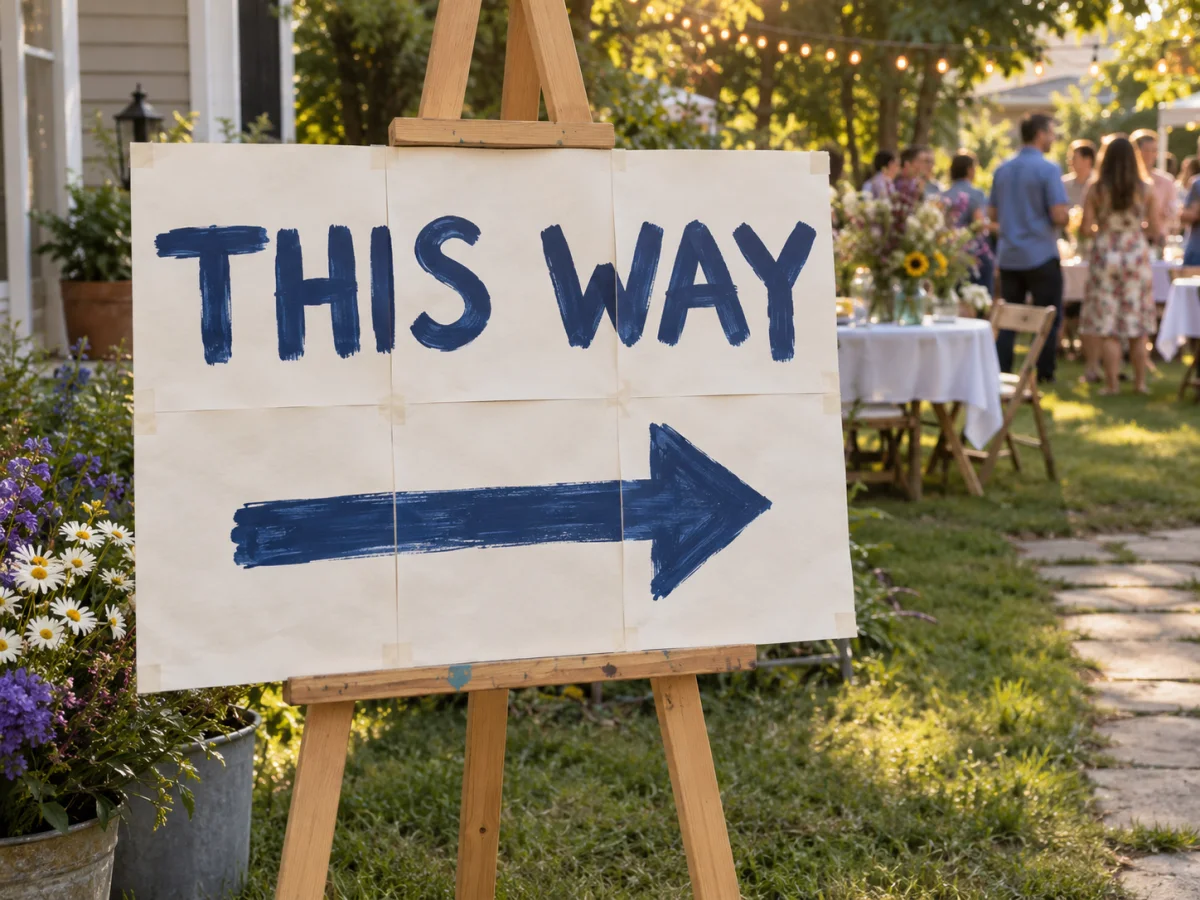 A printed directional sign displayed on a stand