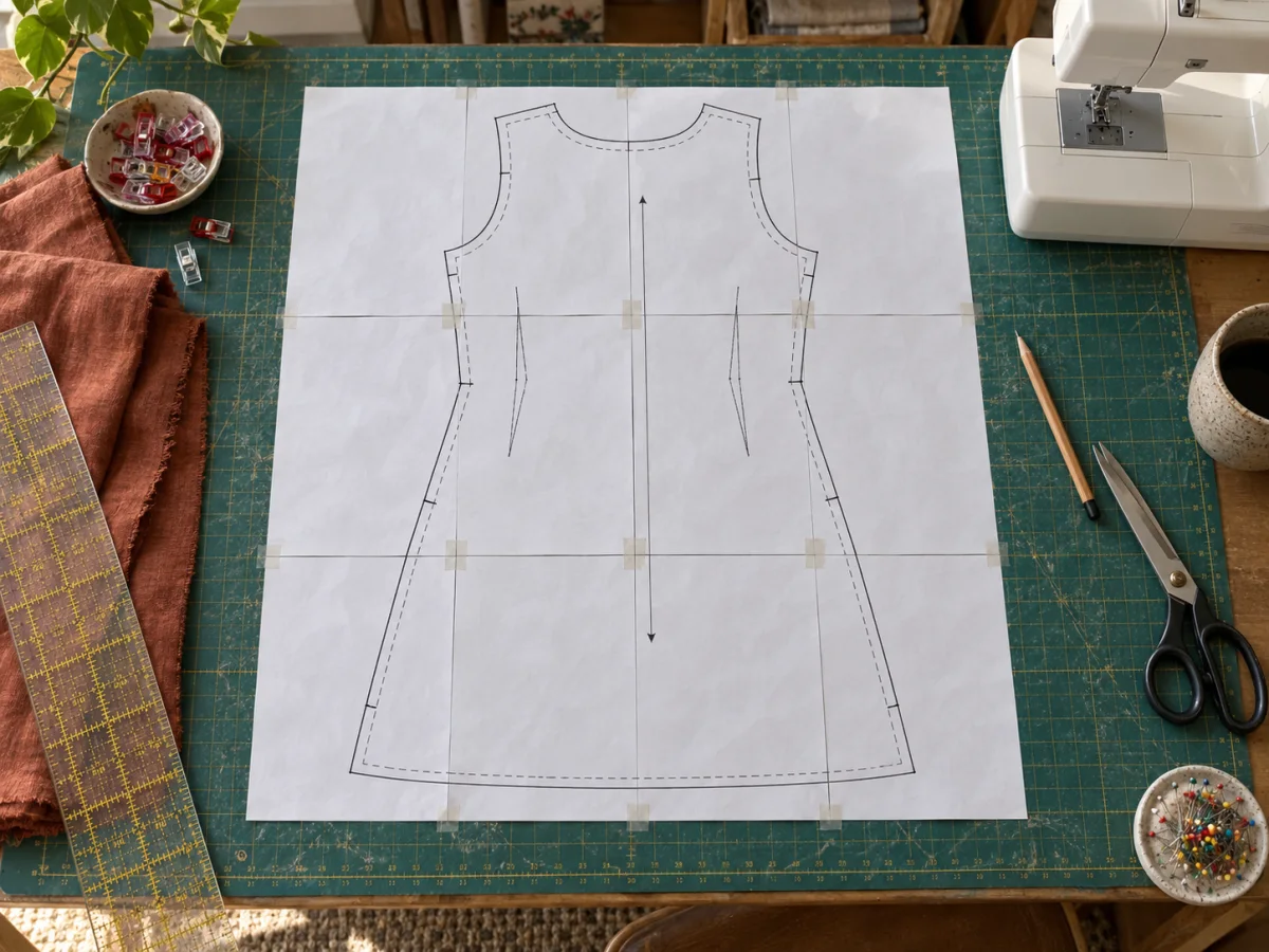 A full-size sewing pattern assembled from tiled sheets