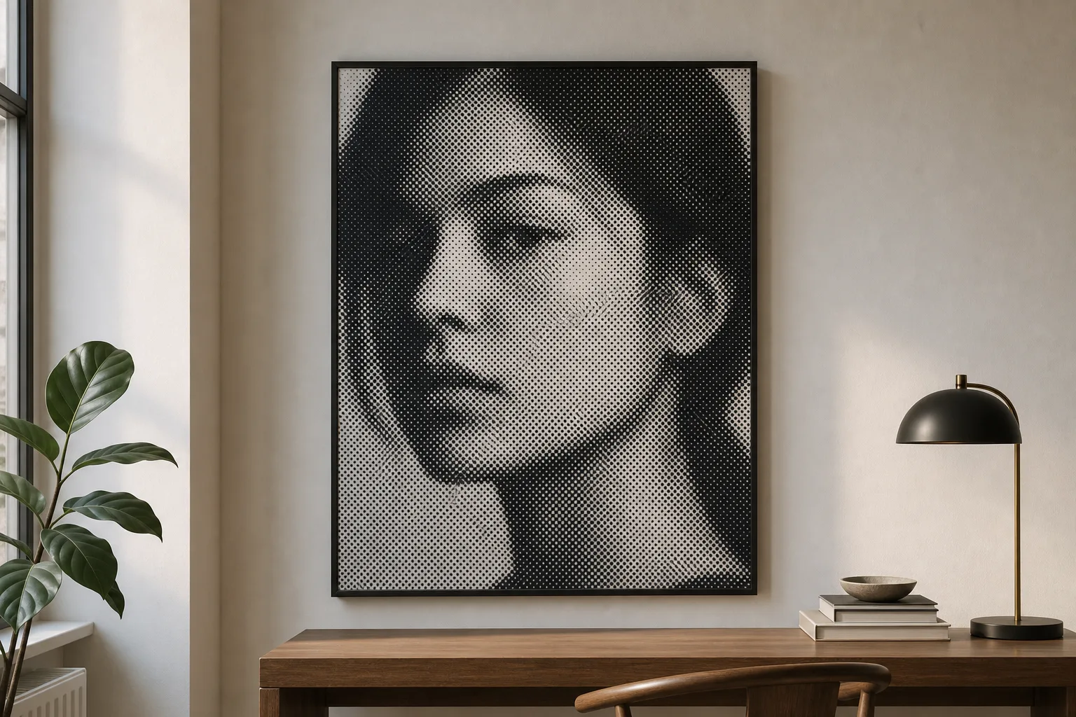 Framed halftone portrait poster on a wall